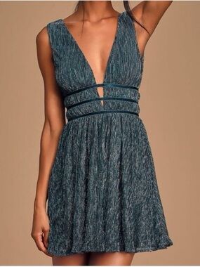 Lulus Metallic Stripe Twist Back Cocktail Dress Smokeshow Teal Green Women Small